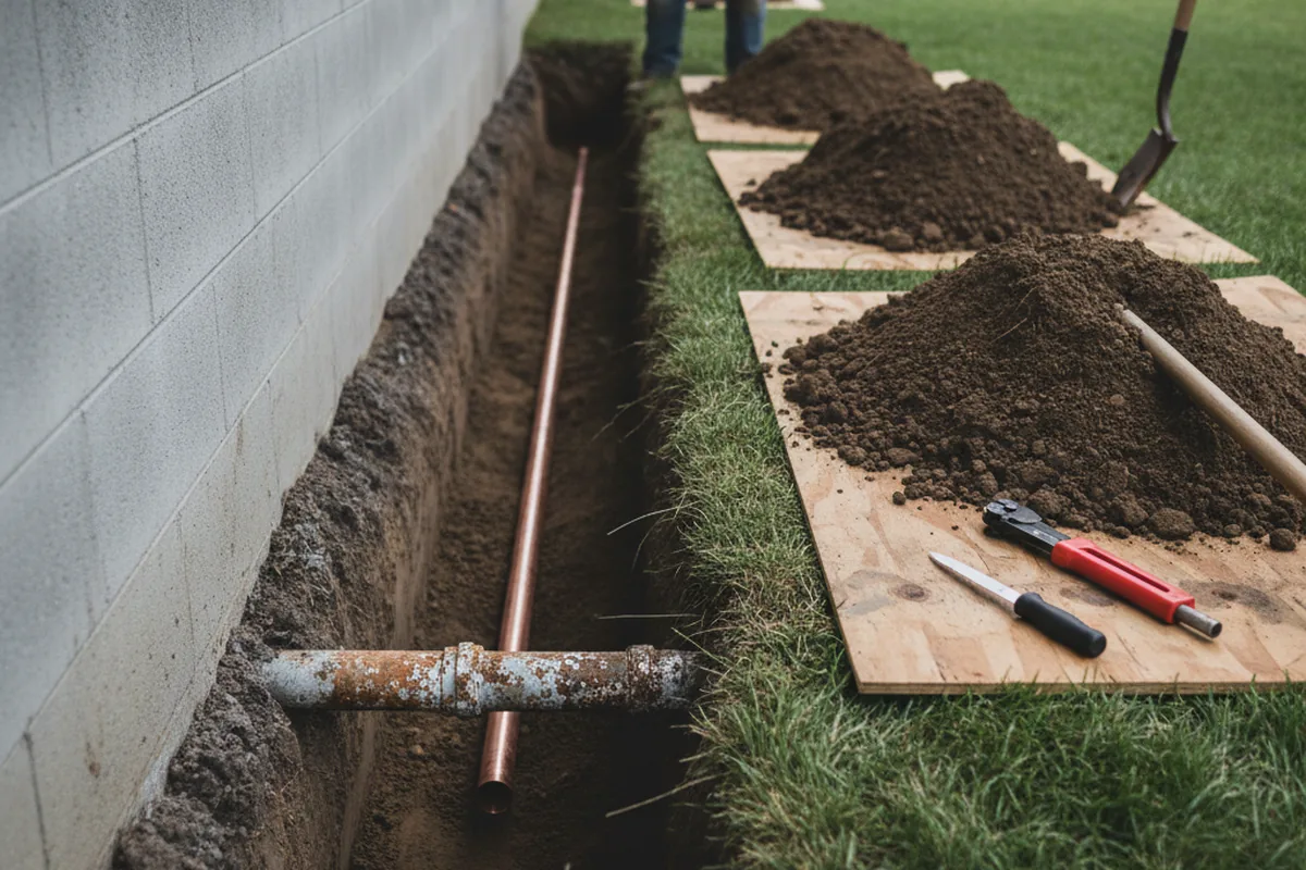 Excavated water line trench during Water Heater Repair in Sayville